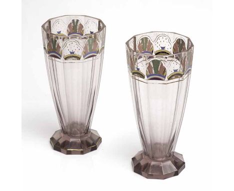 PAIR OF ART DECO AMETHYST GLASS VASES
with painted enamel decoration, 25.5cm high 
