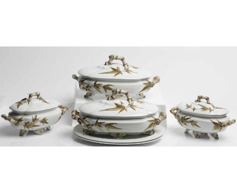 VICTORIAN ROYAL WORCESTER PART DINNER SERVICE
comprising two lidded soup tureens, two larger lidded tureen and two ashets, mo