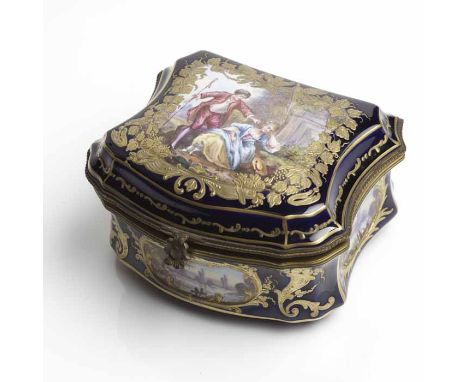 LATE 19TH CENTURY SEVRES-STYLE JEWEL CASKET
the central cartouche with hand-painted depiction of an 18th century man and woma