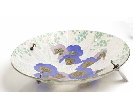 ART DECO LOYS LUCHA ENAMELLED GLASS CEILING LIGHT SHADE
of circular form, with frosted and coloured stylised floral decoratio