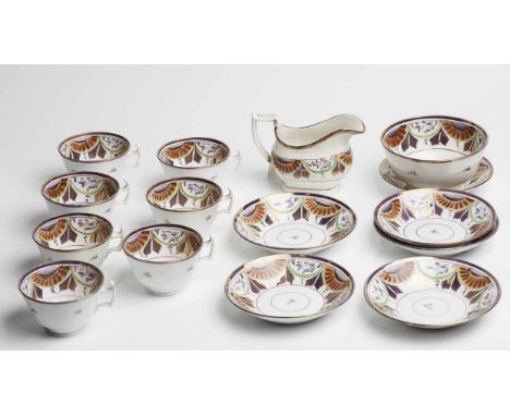 MID-19TH CENTURY STAFFORDSHIRE LUSTRE TEA SET
comprising seven cups, six saucers, milk jug and sugar bowl, all decorated in t