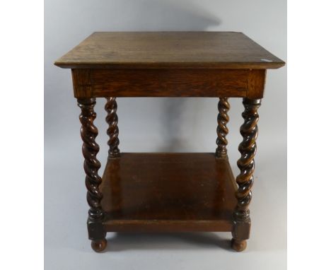 A Square Oak Topped Occasional Table with Barley Twist Supports and Stretcher Shelf, 50cm 