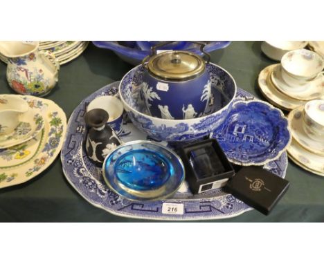 A Large Blue and White Willow Pattern Meat Plate, Jasperware Biscuit Barrel, Copeland Spode Italian Bowl, Jasperware Vases, C