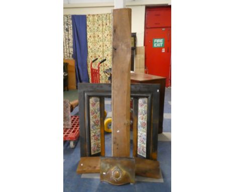 A Cast Metal Fire Surround with Tiled Panels Decorated with Flowers and Butterflies Together with Wooden Mantle Shelf and Bra