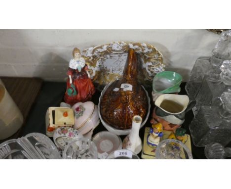 A Tray of Ceramics to Include Egg Crock, Paragon Lady Cynthia, Ceramic Mantle Clock, Character Jugs etc 