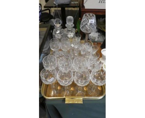 A Tray of Glassware to Include a Set of Eight Wines, Various Sherries and Liqueurs, Two Decanters with Ceramic Labels, Bowls,