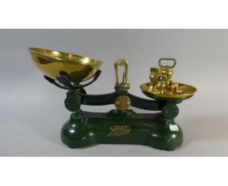 A Set of Brass Mounted Green Enamelled Iron Kitchen Scales by Boots, Complete with Set of Graduated Bell Weights