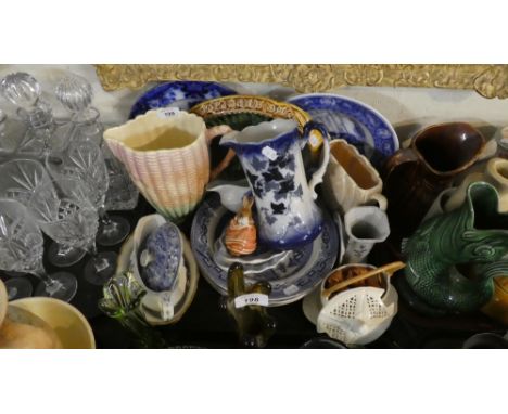 A Tray of Ceramics to Include Majolica Bread Plate 'Where Reason Rules', Beswick Beatrix Potter Poorly Peter Rabbit, Blue and