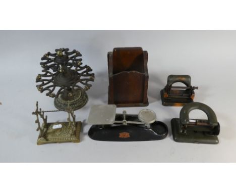 A Collection of Edwardian Desktop Stationery Stands, Hole Punches and Postage Scales 