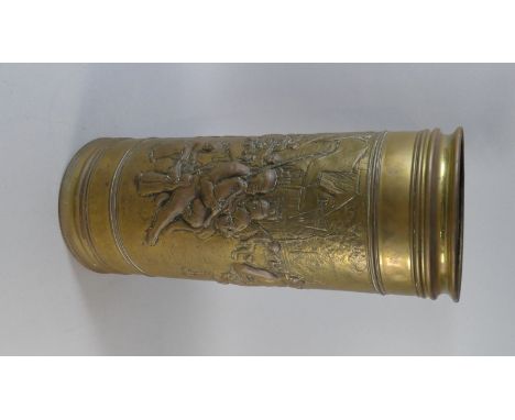 A Circular Brass Stick Stand with Embossed Decoration Depicting Village Dance Party, 54cm High