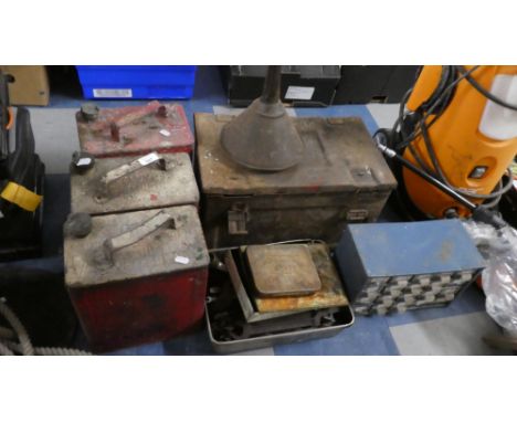 Three Vintage Petrol Cans, Tool Box, Funnel, Tool Box and Contents, Spanners etc