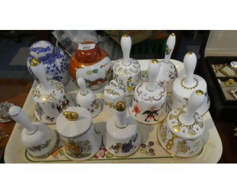 A Tray Containing Eleven Ceramic Bells to Include Coalport Ming Rose, Aynsley, Hammersley Together with Two Ginger Jars