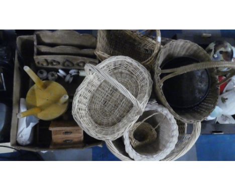 A Collection of Various and Other Wicker Baskets, Wooden Letter Rack, Stool, Ceramic Door Handles Etc 