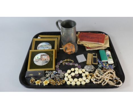 A Tray Containing Costume Jewellery, Pewter Tankard, Printed Ephemera, Ceramic Plaques etc