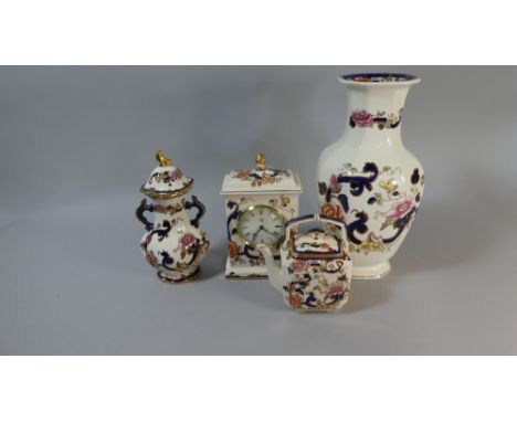 A Collection of Four Pieces of Masons Mandalay to Include Large Vase, 31cm High, Mantle Clock, Teapot and Lidded Vase 