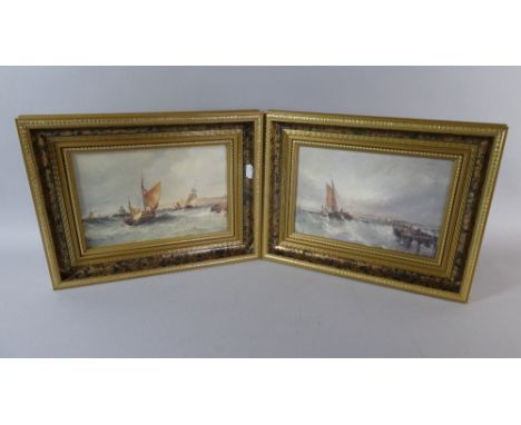 A Pair of Gilt Framed Textured Prints Depicting Fishing Barges in Stormy Weather