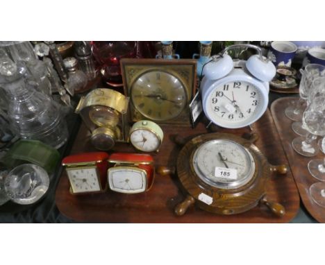 A Tray Containing Oak Aneroid Ships Wheel Barometer, Alarm Clocks, Smiths Mantle Clock Etc