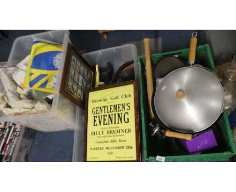 A Box of Kitchenwares, Box Containing Car Jacks, Prints and Signed Billy Bremner Poster, Leeds United Flag etc