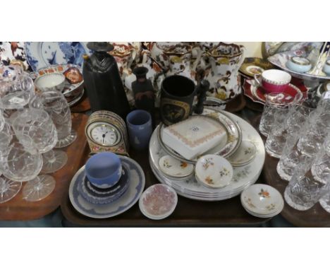 A Tray of Wedgwood Blue and White Jasperware, Wedgwood Sandeman Port Decanter, Wedgwood Clio Mantle Clock etc