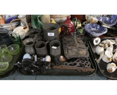 A Tray of Metal Ware to Include Cast Iron Door Knocker, Five Pewter Tankards, Eight Bottle Cruet Stand, Shelf Bracket, Door H