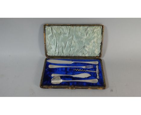 A Cased Silver Plated Cutlery Set Comprising Apple Corer, Butter Knife, Cork Screw, Pickle Fork etc