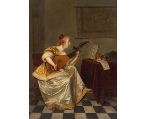 AFTER GERARD TER BORCHA Young Lady Playing a Lute, oil on canvas52 x 39.7 cm (19 3/4 x 15 in.)PROVENANCEChristieÕs, South Ken