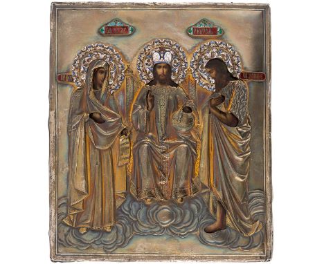 A RUSSIAN ICON WITH THE DEESIS IN A GILT SILVER AND ENAMEL OKLAD, CENTRAL RUSSIA, LAST QUARTER OF THE 19TH CENTURYdepicting C