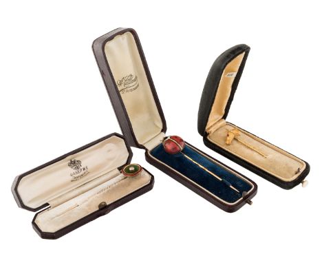 [WIGSTROM, TILLANDER] A GROUP OF THREE FABERGE GOLD, GUILLOCHE, DIAMOND AND JADE TIE PINS, ST. PETERSBURG, 1898-1917group of 