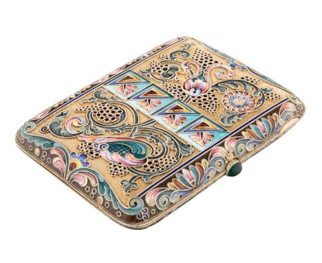 A RUSSIAN SILVER-GILT, PICTORIAL AND SHADED ENAMEL CIGARETTE CASE, MOSCOWof rounded rectangular form, profusely enamelled wit