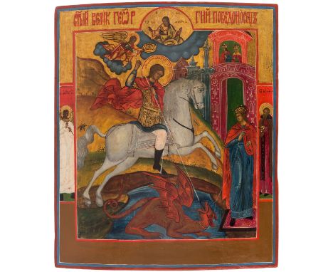 A RUSSIAN ICON OF ST. GEORGE BATTLING THE DRAGON, CENTRAL RUSSIA, MID-19 CENTURYdepicting St. George on his white steed tramp