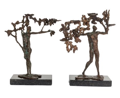 A PAIR OF BRONZE SCULPTURES BY ANTONIO PUJIA (ARGENTINIAN B. 1929)comprising:a) Woman under the Tree, bronze with green brown