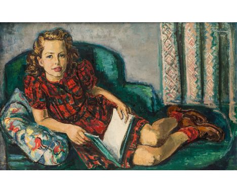 ARTHUR KAUFMANN (GERMAN-AMERICAN 1888-1971)Girl Reading on a Daybed, 1945oil on canvas71 x 112 cm (28 x 44 in.)signed and dat