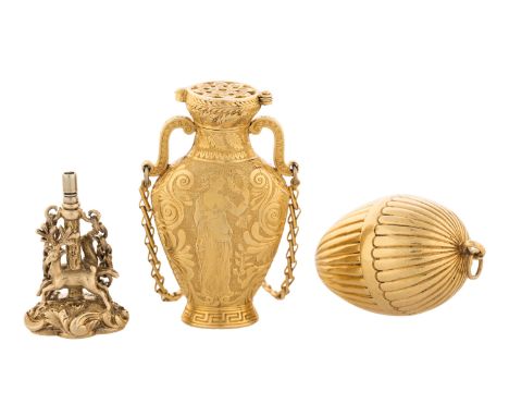 TWO GOLD VINAGRETTES AND A FIGURAL WATCH KEY, EARLY 19TH CENTURYcomprising:a) an amphora-shaped vinagrette engraved in classi