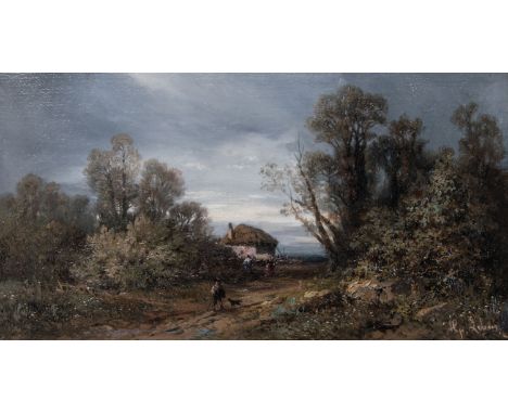 GABRIEL HIPPOLYTE LEBAS (FRENCH 1812-1880)Promeneurs sur la Route de Franchard a Barbizon, oil on panel18.4 x 32.8 cm (7 1/4 