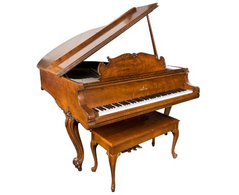 STEINWAY & SONS BABY GRAND PIANO, MODEL M SERIAL NUMBER 316842Steinway and Sons walnut baby grand piano and bench in light br