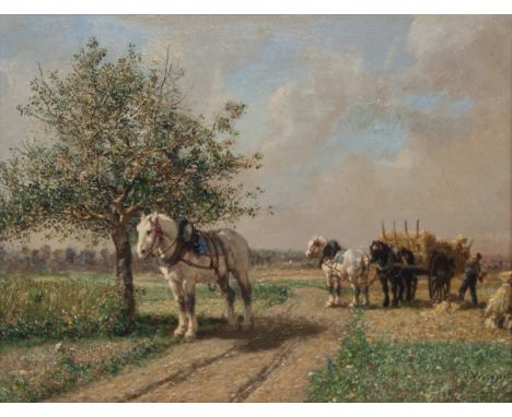 JULES JACQUES VEYRASSAT (FRENCH 1828Ð1893)La Moisson, Plaine de Barbizon, oil on panel26.9 x 38.1 cm (10 5/8 x 15 in.)signed 