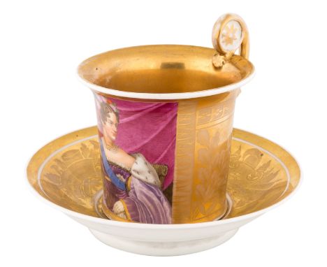 A BATENIN PORCELAIN FACTORY, CYLINDRICAL CUP AND SAUCER WITH A FEMALE PORTRAIT, ST.PETERSBURG, 1818-1832the massive cylindric