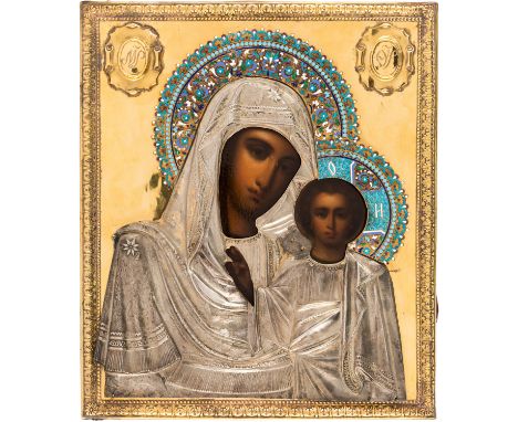 A RUSSIAN ICON OF THE KAZANSKAYA MOTHER OF GOD IN A GILT SILVER AND CLOISONNE ENAMEL OKLAD, EMELYAN KUZNETSOV, MOSCOW, 1896-1