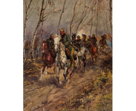 LEONARD WINTEROWSKI (POLISH 1868 - 1927)Uhlans Galloping through Forest, 1919oil on canvas laid on panel49.5 x 40.5 cm (19 1/