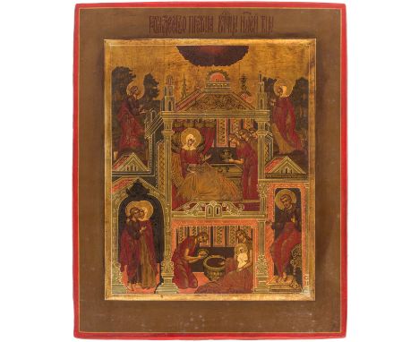 A RUSSIAN ICON OF THE NATIVITY OF THE MOTHER OF GOD, 19TH CENTURYalso known as the Nativity of the Theotokos, the central sce