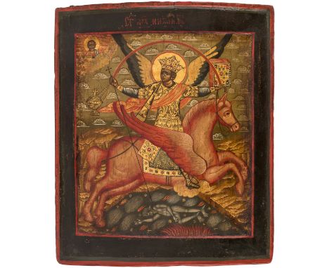 A RUSSIAN ICON OF THE ARCHANGEL MICHAEL, MOSCOW REGION, 19TH CENTURYdepicting Archangel Michael as a warlord and an angel of 