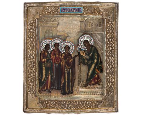 A RUSSIAN ICON OF THE PRESENTATION OF CHRIST [SRETENIE] IN A GILT SILVER AND ENAMEL OKLAD, MOSCOW, 1908-1917depicting Simeon 
