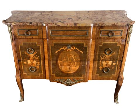 A 19TH CENTURY FRENCH MARQUETRY COMMODE WITH MARBLE TOPshaped variegated marble top over 3 adjacent drawers, over 3 drawers o