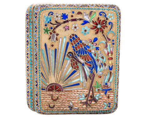 A RUSSIAN GILDED SILVER, CLOISONNE, AND PLIQUE A JOUR ENAMEL CIGARETTE CASE, WORKMASTER`S MARK GUSTAV KLINGERT, MOSCOW, 1890-
