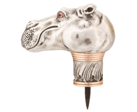 A RUSSIAN SILVER AND GOLD CANE HANDLE IN A FORM OF HIPPOPOTAMUS WITH RUBY EYES, WORKMASTER JULY RAPPOPORT, ST.PETERSBURG, 188