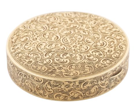 A FRENCH GOLD SNUFF BOX, LATE 18TH CENTURYof a round shape, the cover and sides engine-turned with boldly incised florals and