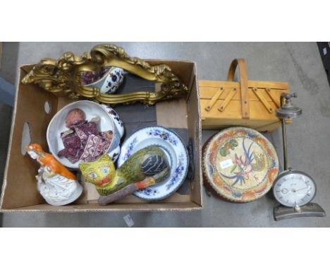 A collection of items including a hand painted wooden box, Staffordshire figure, a mirror, puppet, Royal Doulton bowl, a/f**P