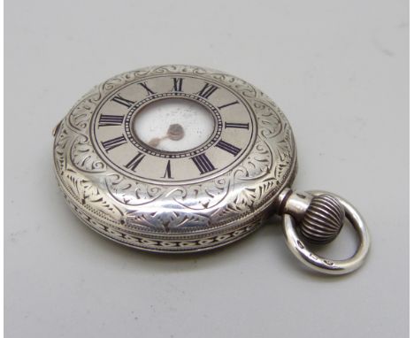 A silver demi-hunter fob watch by J.W. Benson, minute hand loose 