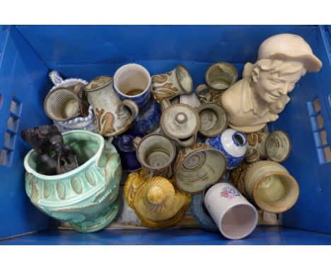 A box of mixed china including stoneware part coffee set, Burghleighware vase, Poole Pottery preserve pot, two African carvin