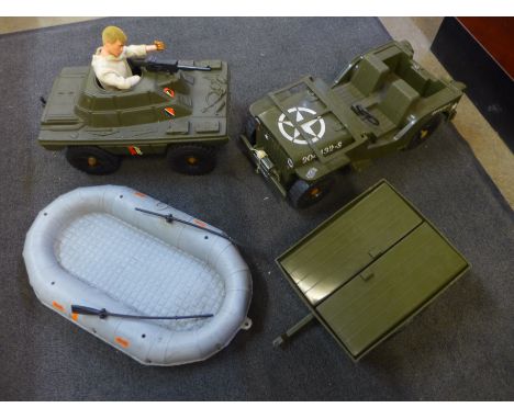 An Action Man figure, Jeep, Scout Vehicle and Dinghy 